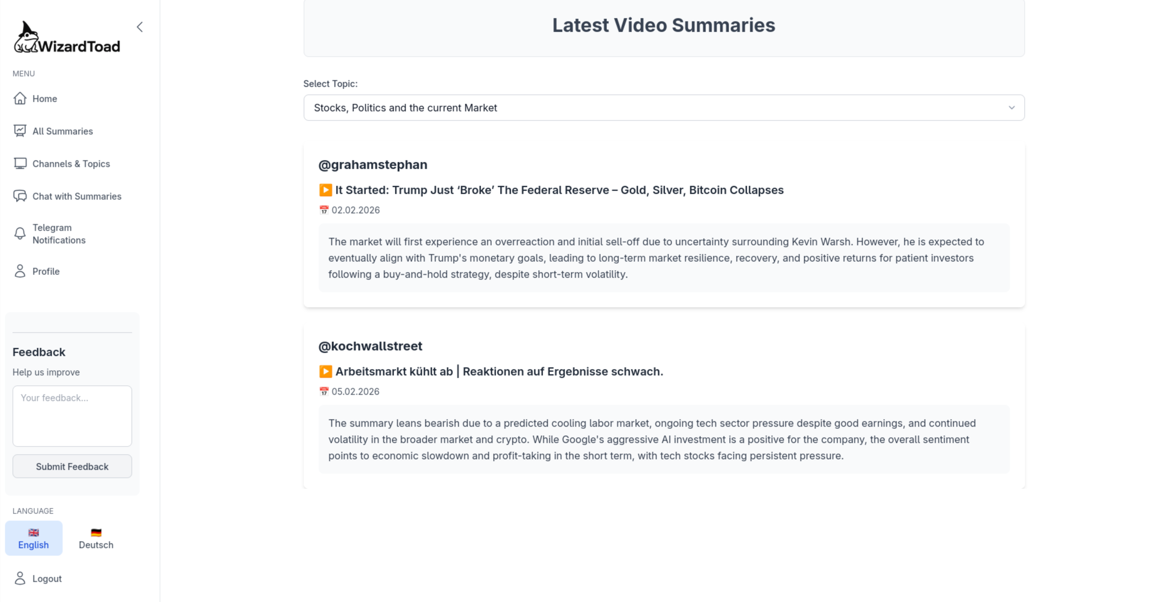 WizardToad app screenshot showing video summaries interface